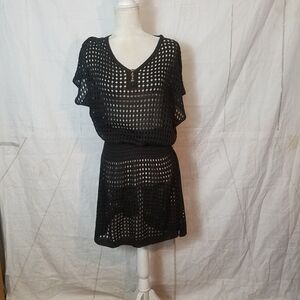 Aolro Black Mesh Crochet Swim Cover-Up Dress